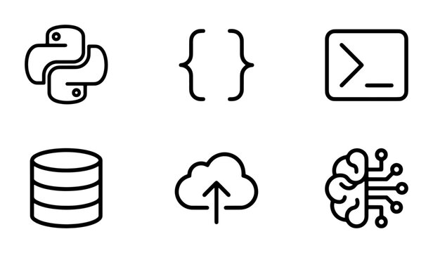 Technology Icons: Python, Code Brackets, Command Line, Database, Cloud Upload, AI Brain, Vector Set