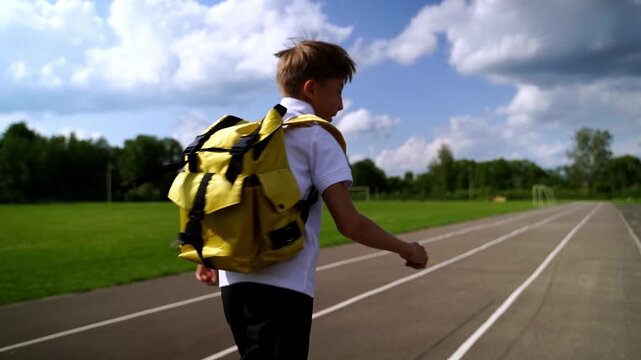 Child runs on track with bright yellow backpack. Blue sky, white clouds, green grass frame scene. He moves forward, arms swinging. Backpack straps show wear from daily use. Perfect for school, sports