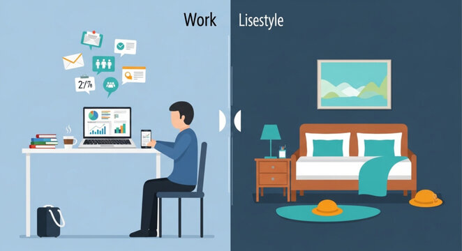 Work life balance concept split screen illustration.