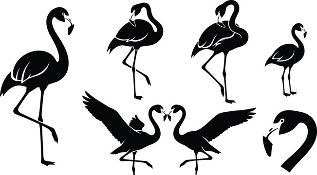 Collection of Flamingo Vector Icons Featuring Standing, Flying, and Pairing Birds in Minimalist, Flat, and Decorative Style for Illustration and Graphic Design