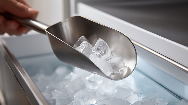 Close-up of a person's hand scooping fresh, clear ice cubes from a modern ice maker with a metallic scoop, ready for a refreshing beverage
