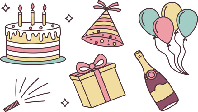 Birthday party icon set with cake balloons gifts candies and celebration elements