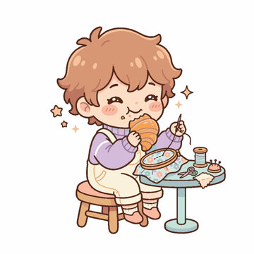 Cartoon child eating a sandwich.