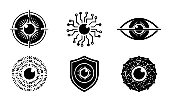 Cybersecurity Eye Icons, Digital Surveillance Symbols, Data Protection Vision, Binary Code Vision, Security Shield Eye, Abstract Eye Graphics