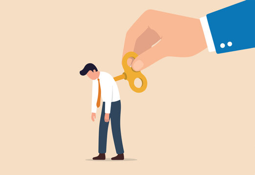 Exhausted employee recharged, power up or wind up to stimulate or motivate fatigue person concept, manager big hand turn wind up key or winder clockwork to motivate businessman office worker