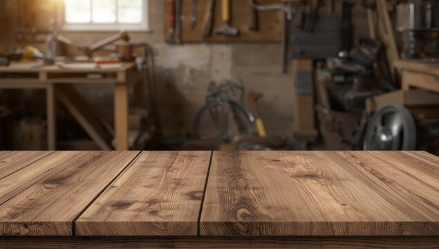 Empty wooden workbench in workshop setting, suitable for product showcase, carpentry, DIY, and tools. Blurred rustic background.
