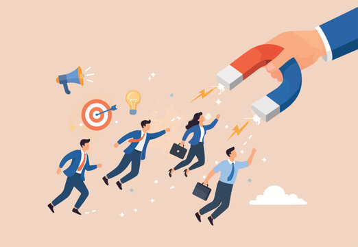 HR, Human resource recruiting candidates or talents, marketing to attract or draw new customers or leadership and charm concept, big employer hand using magnet power draw new people employees