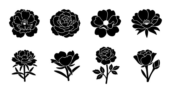 Elegant Black Rose Silhouettes, Vector Flower Icons, Botanical Floral Design Elements, Decorative Garden Motifs
