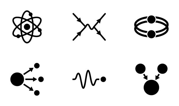 Physics Icons Set: Atomic Structure, Particle Interaction, Quantum Wave, Nuclear Fission, Scientific Concepts, Vector Graphics