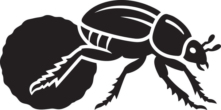 Dung beetle pushing a ball of dung stylized black and white vector illustration for nature and wildlife concepts