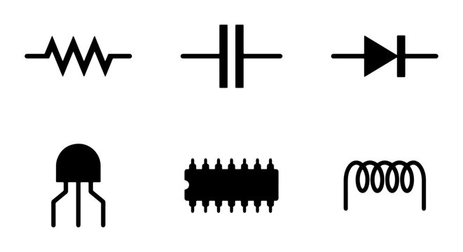 Electronic Component Symbols Vector Icons: Resistor, Capacitor, Diode, Transistor, IC, Inductor