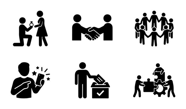 Business Icons Set: Partnership, Teamwork, Engagement, Voting, Mobile Technology, Strategy Vector Graphics