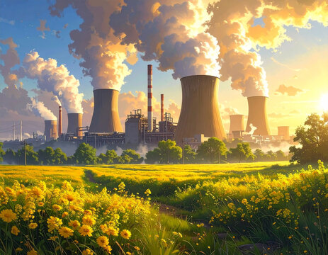 Installation industrielle avec vapeur et prairie