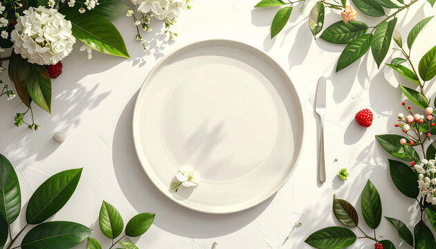 Assiette et couverts entour&eacute;s de verdure