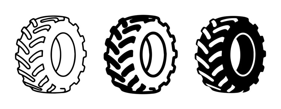 Tractor Tire Icons Set, Agricultural Wheel Vector Graphics, Off-Road Vehicle Rubber Tread Design Elements