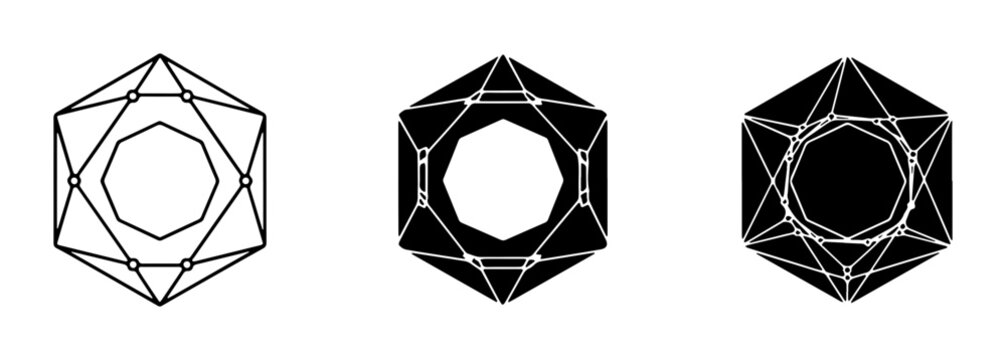 Geometric Crystal Icons, Abstract Faceted Shapes, Minimalist Diamond Forms, Vector Graphics Set