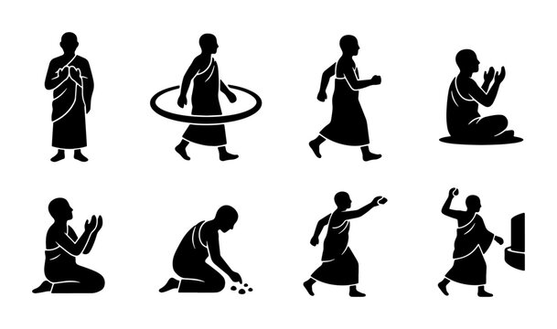 Monk Silhouette Icon Set: Prayer, Meditation, Walking, Rituals, Buddhism, Spiritual, Zen, Culture