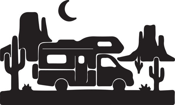 RV motorhome camper van in desert landscape under crescent moon silhouette vector