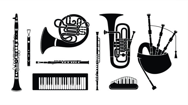 black and white illustration of various musical instruments on white background