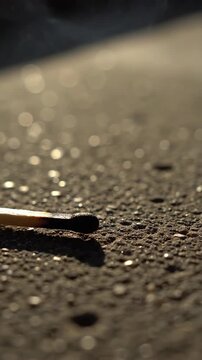 Close up of a matchstick on asphalt with sunlight bokeh