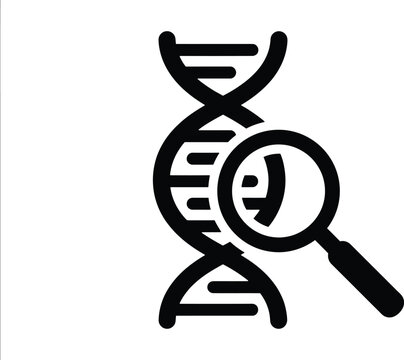 Genetic research icon featuring DNA double helix and magnifying glass for science and biology studies