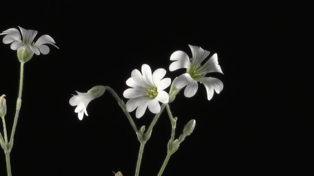 snow in summer flower, Cerastium tomentosum, alpine wildflower time lapse, blooming white flowers, cinematic nature, full HD footage