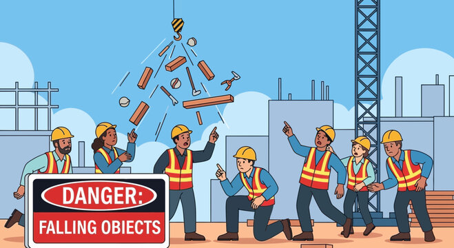 Construction workers in danger from falling objects at building site
