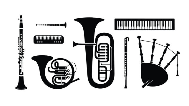 Black silhouettes of various musical instruments for graphic design  tuba clarinet flute bagpipe