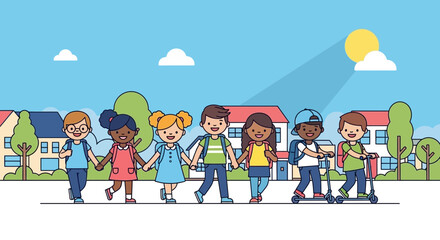 Diverse children walking together on street with houses, school, sunny day, flat design © Sugiono