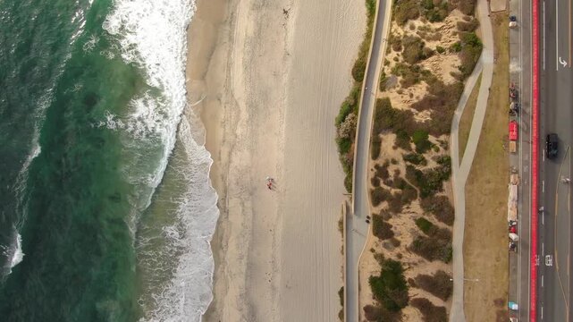 Top Down Aerial View of Carlsbad Seawall Beach and Coastal Construction