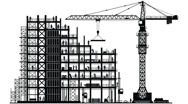 Construction site silhouette high rise building under development with tower crane