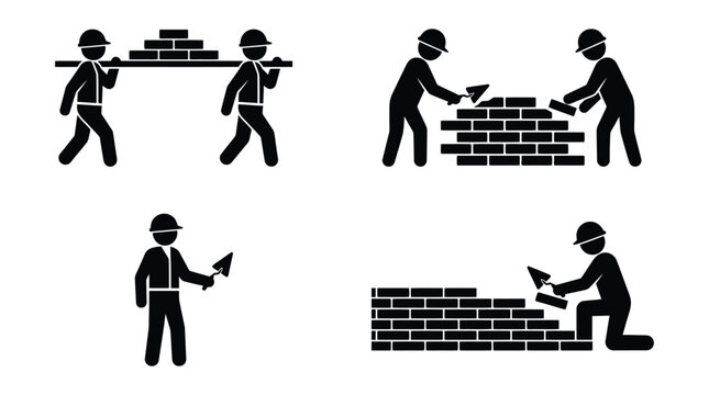 Silhouette of construction workers building a brick wall