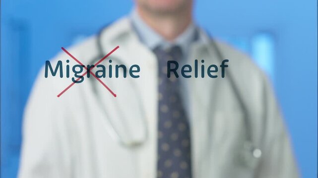 Medical professional crossing out the word migraine written on a transparent screen, symbolizing a solution for severe headaches and offering effective treatment for neurological pain relief