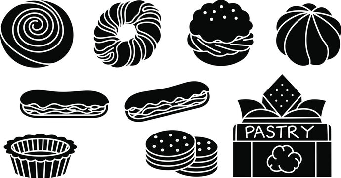 Collection of Pastry and Baked Sweet Vector Icons Featuring Rolls, Eclairs, Tarts, Cookies, and Packaged Pastry for Bakery and Dessert Illustration