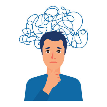 Man suffers from obsessive thoughts. Anxious thoughts. Autism, stress. Social anxiety disorder man.