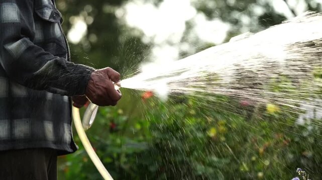 Person waters garden with hose. Drops spray through air in bright light. Green plants and flowers bloom nearby. Person seems calm and focused. Ideal for gardening, outdoor lifestyle
