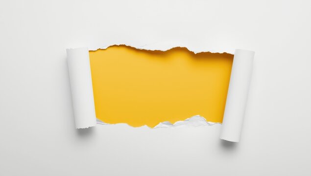 Central ripped opening in white paper exposing a yellow backdrop. Area for text.