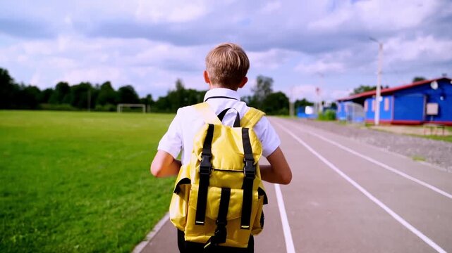 Boy walks track with yellow backpack. Sky is partly cloudy and open. School buildings and field are visible. He moves forward calmly and purposefully. Ideal for education, daily routine