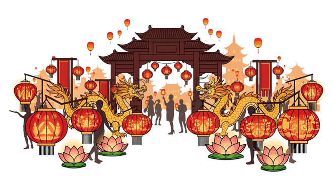 Vibrant Chinese New Year celebration with dragon dancers performing under colorful lanterns and traditional gate