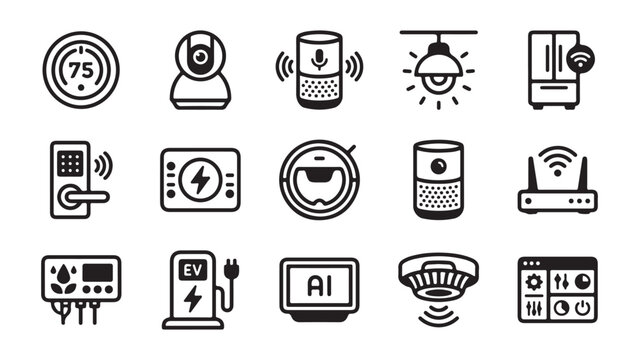 Smart home iot connected devices vector illustration silhouette icon pack featuring thermostat camera speaker router smart lock power meter coffee maker smoke detector electric vehicle charger ai and