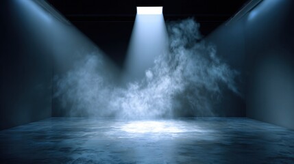 Fototapeta premium Dramatic spotlight shines on misty dark stage with water vapor and reflective surface