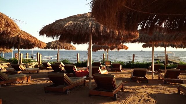 Warm sun glows over sandy beach. Thatched umbrellas line the shore, casting soft shadows. Wooden loungers await guests beneath the shade. Ocean waves roll gently in the distance