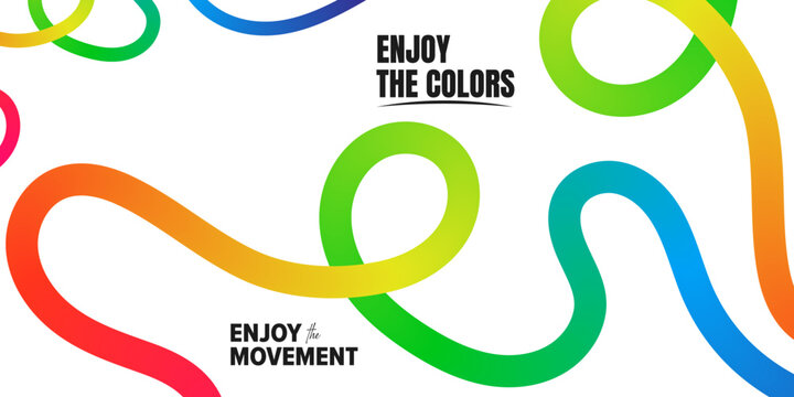Dynamic colorful gradient fluid lines on white background, abstract wavy ribbon vector banner design