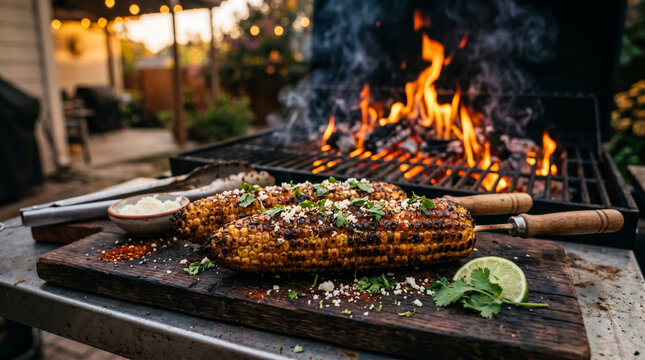 Grilled corn on the cob with herbs cooking over open fire flames