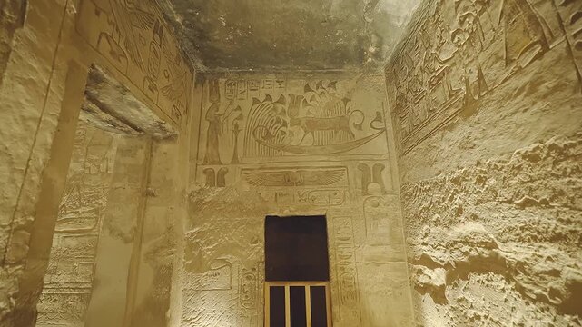 4k footage of Interior view of the famous abu simble temple that is decorated with gods figures and hieroglyphs in aswan in Egypt. 