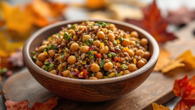 Chickpea, barley, and pistachio salad from Morocco. Toning. Selective focus.