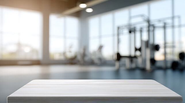Empty white wood table top show with blurred bright modern fitness gym background; use for product display, promotion banner or health related advertising