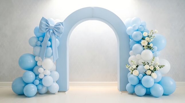 Elegant Balloon Archway Decoration with Floral Arrangement and Ribbon Bow
