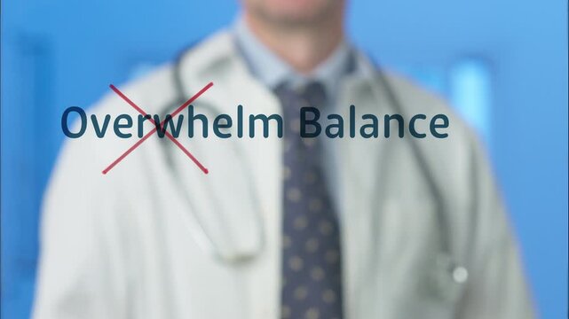 Medical professional using a red marker to cross out the word overwhelm, emphasizing the importance of choosing balance for mental health, stress management, and a healthy lifestyle