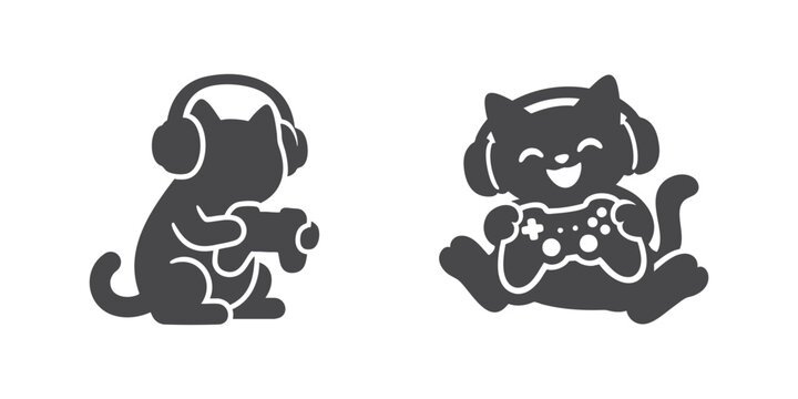 Funny Gamer Cat Silhouette Vector Wearing Headphones Playing Video Games Cartoon Animal Mascot for Gaming Logo Sticker T Shirt Esports  Clipart Design